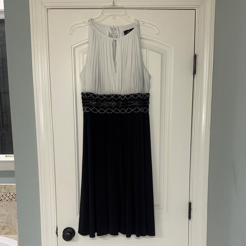 R & M Richards Black and White Halter Midi Dress with Beaded Waist